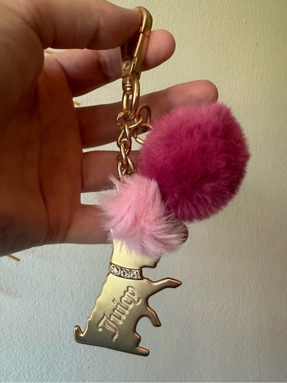 Juicy Couture Bag Charm Pink Pom-Pom & Metal Gold-Tone Dog Keychain NWOT